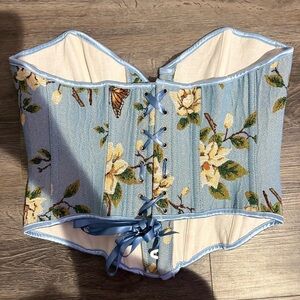 Elegant Floral Lace-Up Corset Top in Light Blue